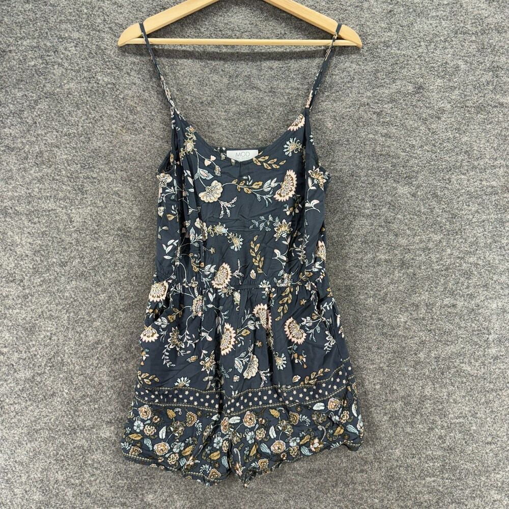 Mod On Trend Jumpsuit Women L Large Gray Floral Sleeveless V-Neck Rayon Casual